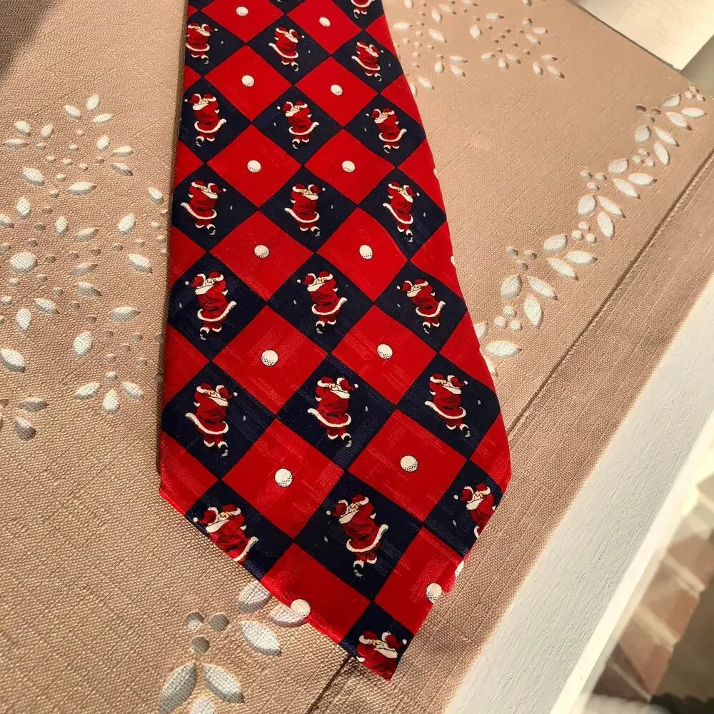 American Greetings Vintage Santa Golf Swing Print Silk Necktie